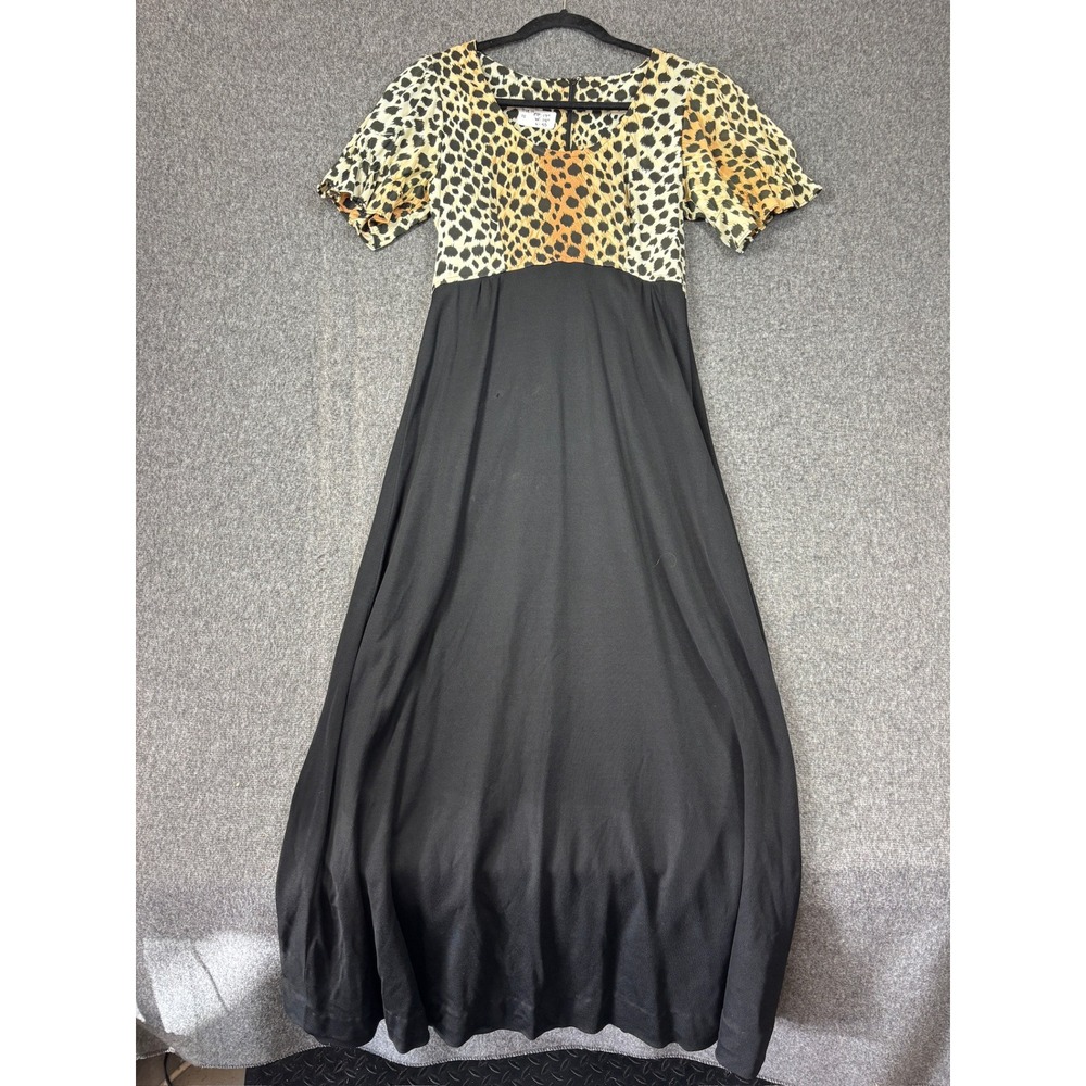 Vintage Leopard Print Empire Waist Maxi Dress Black Short Sleeve Size 14